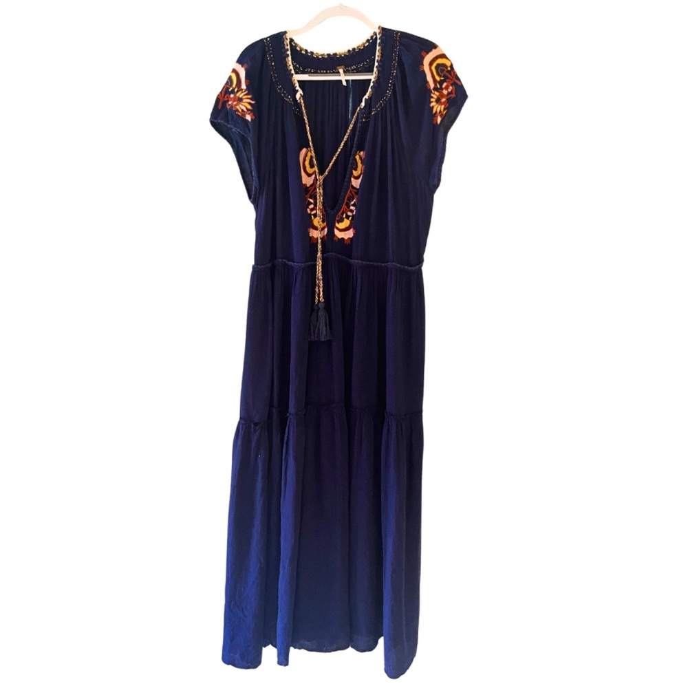 FREE PEOPLE navy and gold embroidered short sleeve bohemian maxi dress with ties